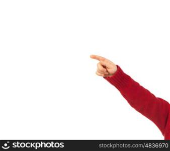Finger of a child pointing out something isolated on a white background