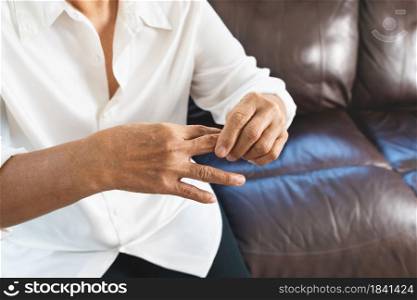 finger pain of old woman, healthcare problem of senior concept