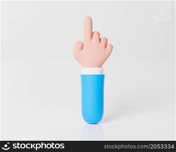 Finger pointing. Hand pointing isolated pastel background. Stylized hand pointer. Illustration for website, posts, advertising. Cartoon hand with blue sleeves shows index pointing left 3D rendering