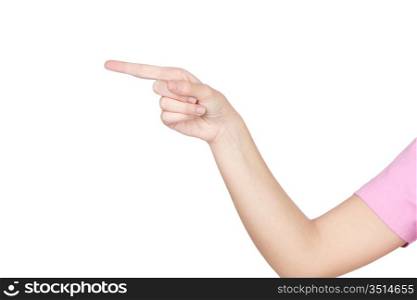 Finger pointing somethin isolated on white background