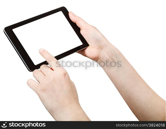 finger press tablet pc with cut out screen isolated on white background