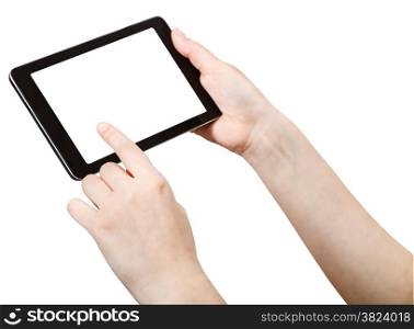 finger press tablet pc with cut out screen isolated on white background