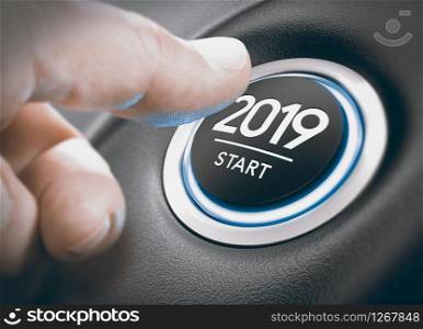 Finger pressing a 2019 start button. Concept of new year, two thousand nineteen. Composite between a photography and a 3D background. 2019 Start, Two Thousand Nineteen.