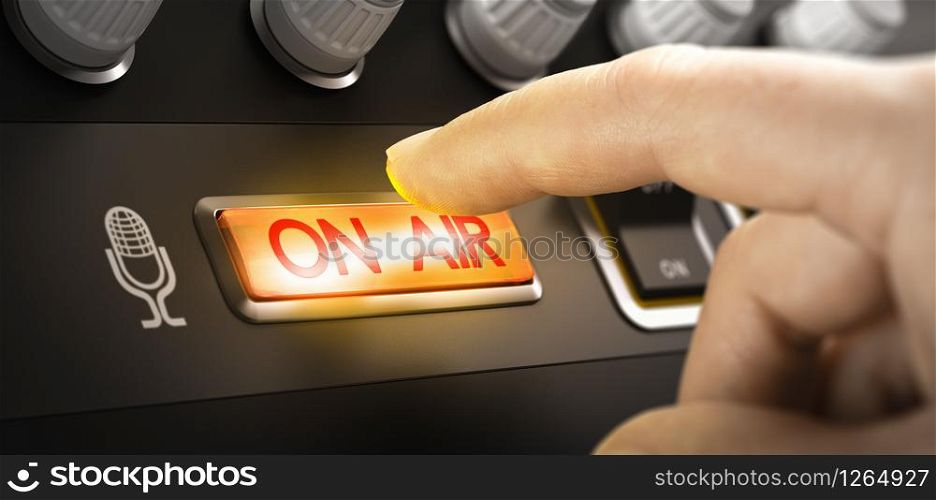 Finger pressing a button to activate an on air sign. Composite image between a hand photography and a 3D background.. Radio Station, On Air Sign