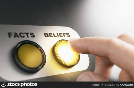 Finger pressing a button with the word beliefs intead of facts during a cognitive psychological experiment. Composite image between a hand photography and a 3D background.. Confirmation bias or cognitive inertia. Psychology concept