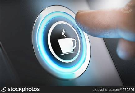 Finger pressing a coffee machine button with a cup icon. Break concept. Composite between a photography and a 3D background. Horizontal image. Coffee Break, Machine