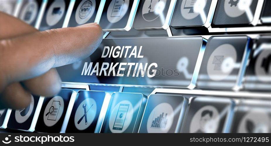 Finger pressing a futuristic interface with the text digital marketing. Concept of online business. Composite between a photography and a 3D background. Online Digital Marketing Campaign Concept