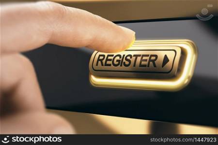 Finger pressing a golden register button to become a new member of an organization. Concept of membership registration. Composite image between a hand photography and a 3D background.. Business membership. Registration of a new member