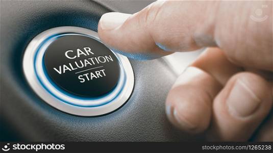 Finger pressing a keyless ingnition button where it is written the text car valuation start. Composite image between a hand photography and a 3D background.. Used car valuation concept. How much is a vehicle worth.