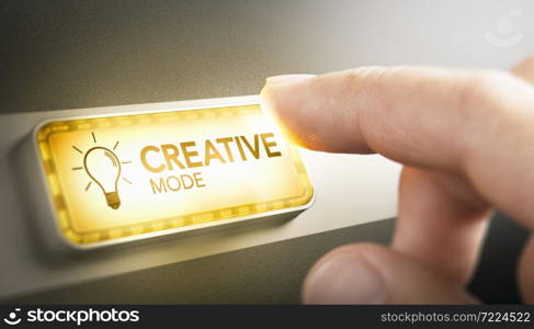 Finger pressing a rectangular button with the text creative mode. Creativity concept. Composite image between a hand photography and a 3D background.. Being Creative concept.