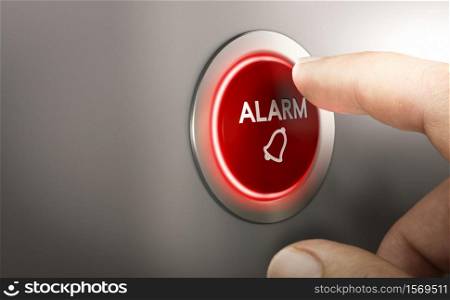 Finger pressing a red alarm button. Warning concept. Composite image between a hand photography and a 3D background.. Man pressing a red security alarm button.