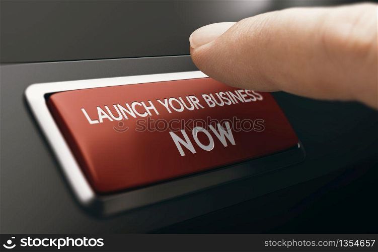 Finger pressing a red button with the text launch your business now. Concept of new venture or startup. Composite image between a hand photography and a 3D background.. Call To Action Button. Launch Your Business Now