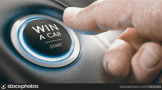 Finger pushing a conceptual Ignition button. Win a Car Contest Concept. Composite image between a hand photography and a 3D background.. Win a Car Contest. Start Button.