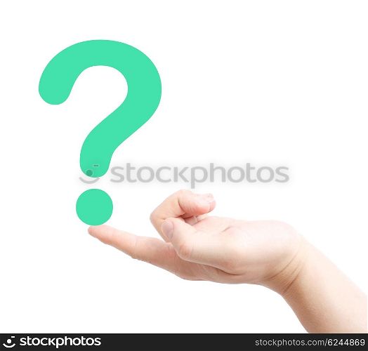 Finger supporting a questionmark on white