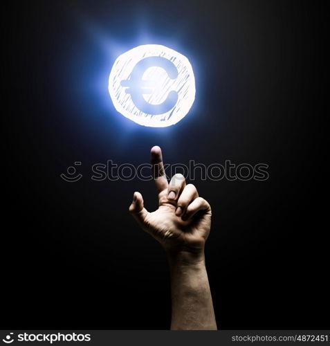 Finger touch icon. Person hand pointing with finger at glowing icon