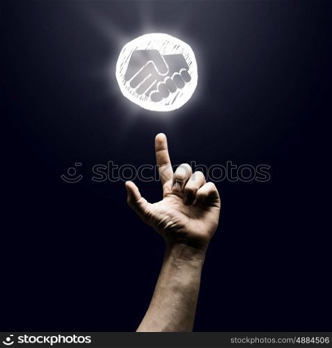 Finger touch icon. Person hand pointing with finger at glowing icon