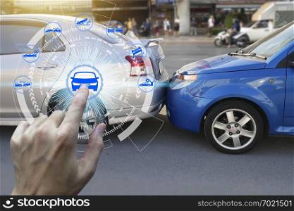 Finger touch with car claim icons over the Network connection on car crash background, car accident for car insuranc claim concept. 