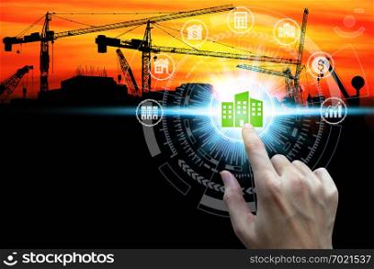 Finger touch with property investment icons over the Network connection on property background, Property investment concept.