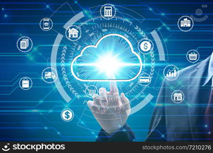 Finger touch with virtual cloud computing icon over the Network connection, Cyber Security Data Protection Business Technology Privacy concept.