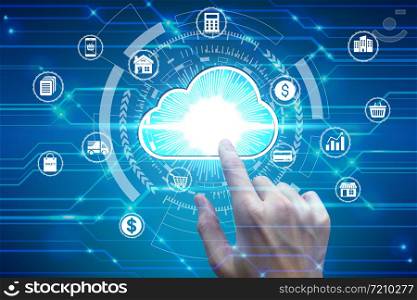 Finger touch with virtual cloud computing icon over the Network connection, Cyber Security Data Protection Business Technology Privacy concept.