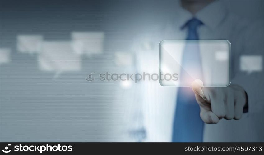 Finger touching icon. Close up of businessman hand touching icon on screen