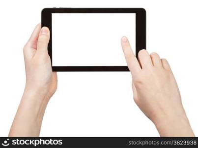 finger touching tablet pc with cut out screen isolated on white background
