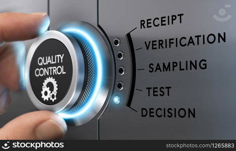 Finger turning a knob to select different quality control phases. Composite image between a hand photography and a 3D background.. Quality Control Process Concept