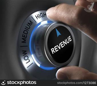 finger turning a revenue button to the highest position. Concept illustration of financial profits.. Increase Sales Revenue