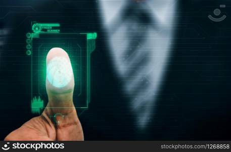 Fingerprint Biometric Digital Scan Technology. Graphic interface showing man finger with print scanning identification. Concept of digital security and private data access by use fingerprint scanner.