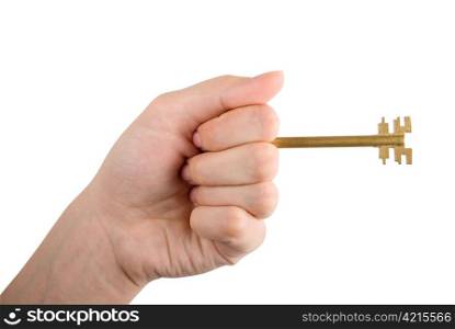 Fingers holding Golden key isolated on white background