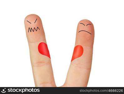 Fingers symbolizing the separation of a couple, isolated on white background