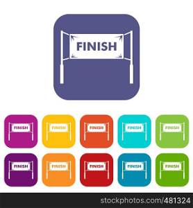 Finish line gates icons set vector illustration in flat style in colors red, blue, green, and other. Finish line gates icons set
