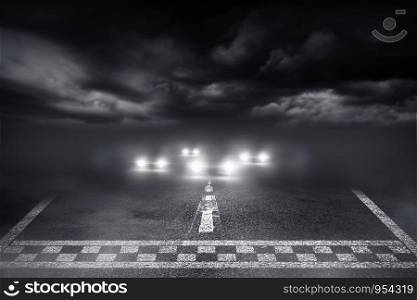 Finish line racing car driving the fog road