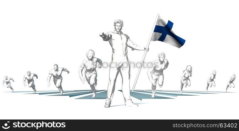 Finland Racing to the Future with Man Holding Flag. Finland Racing to the Future