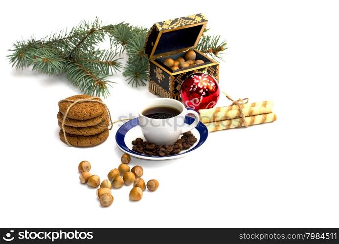 fir-tree branch, oat baking, forest nutlets, coffee and casket, isolate, winter, subject Christmas and New Year