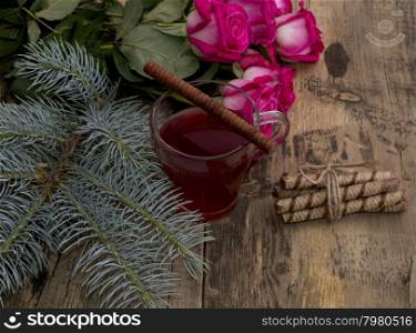 fir-tree branch, tea, linking of cookies and bouquet of roses, subject holidays, food and drinks, Christmas and New Year