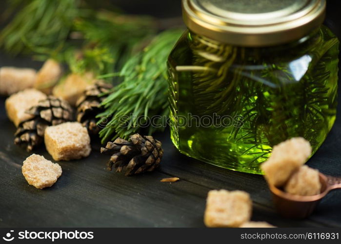 Fir tree bump jam . Fir tree bump jam on wooden background