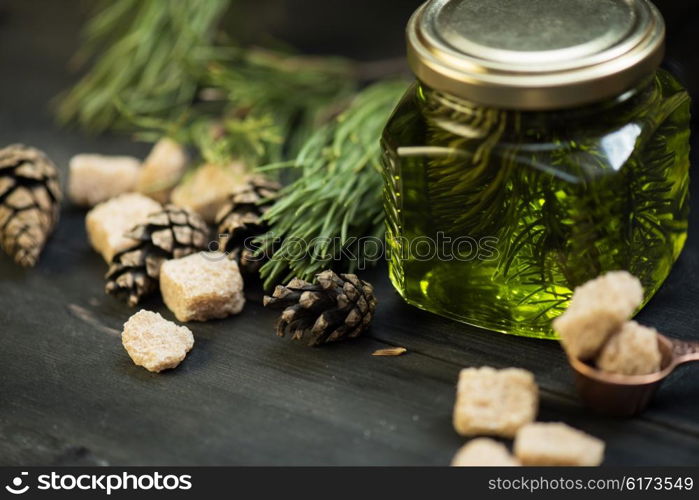 Fir tree bump jam . Fir tree bump jam on wooden background