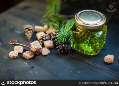 Fir tree bump jam on wooden background. Fir tree bump jam