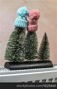Fir trees with snow and winter hat. Cold winter seasonal concept. Christmas time.