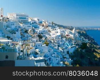 Fira. Aerial view of the city.. Aerial view of the traditional white houses of Fira. Santorini. Greece.