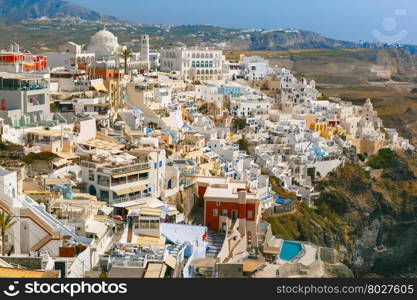 Fira, modern capital of the Greek Aegean island, Santorini, in the summer day, Greece