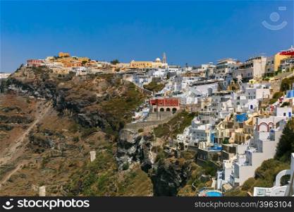 Fira, modern capital of the Greek Aegean island, Santorini, in the sunny day, Greece