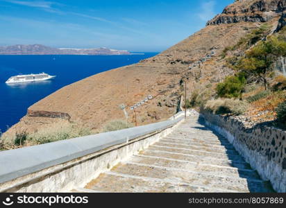 Fira. The cable car to the top.. The cable car connecting the harbor and the old village Fira located on the top of rocks.