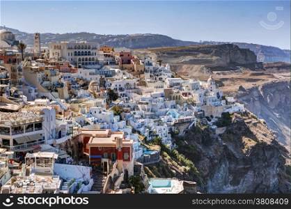 Fira, the capital of Santorini island, Greece. Traditional architecture on cliff over the Aegean sea