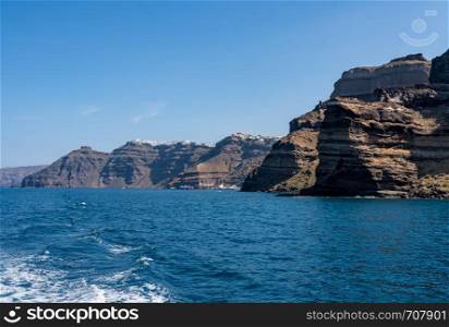 Fira, the capital of the island on the mountaintop of Santorini. Capital Fira on top of volcanic caldera island by Santorini