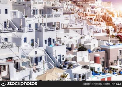 Fira town on Santorini island, Greece. Traditional and famous white houses architecture