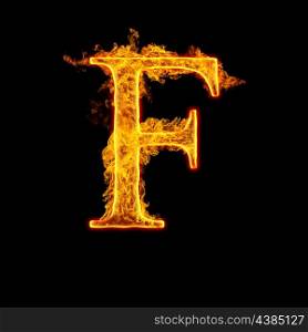 Fire alphabet letter F isolated on black background.