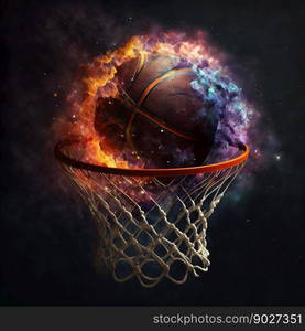 Fire ball in basketball hoop basket. Generative AI. High quality illustration. Fire ball in basketball hoop basket. Generative AI