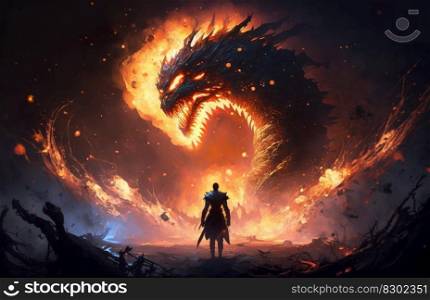 Fire breathes explode from a giant dragon in a black night, the epic battle evil concept art, fantastic legend, generative ai